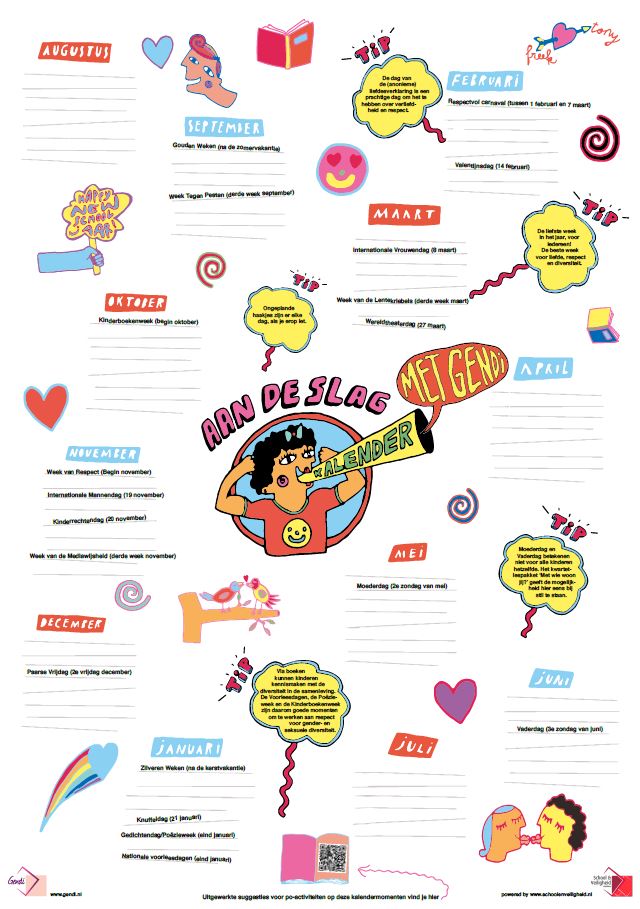 Poster met daarop jaarlijkse feest- en themadagen zoals Moederdag, Carnaval en Valentijnsdag. De dagen zijn voorzien van vrolijke tekeningen. Voor basisscholen.